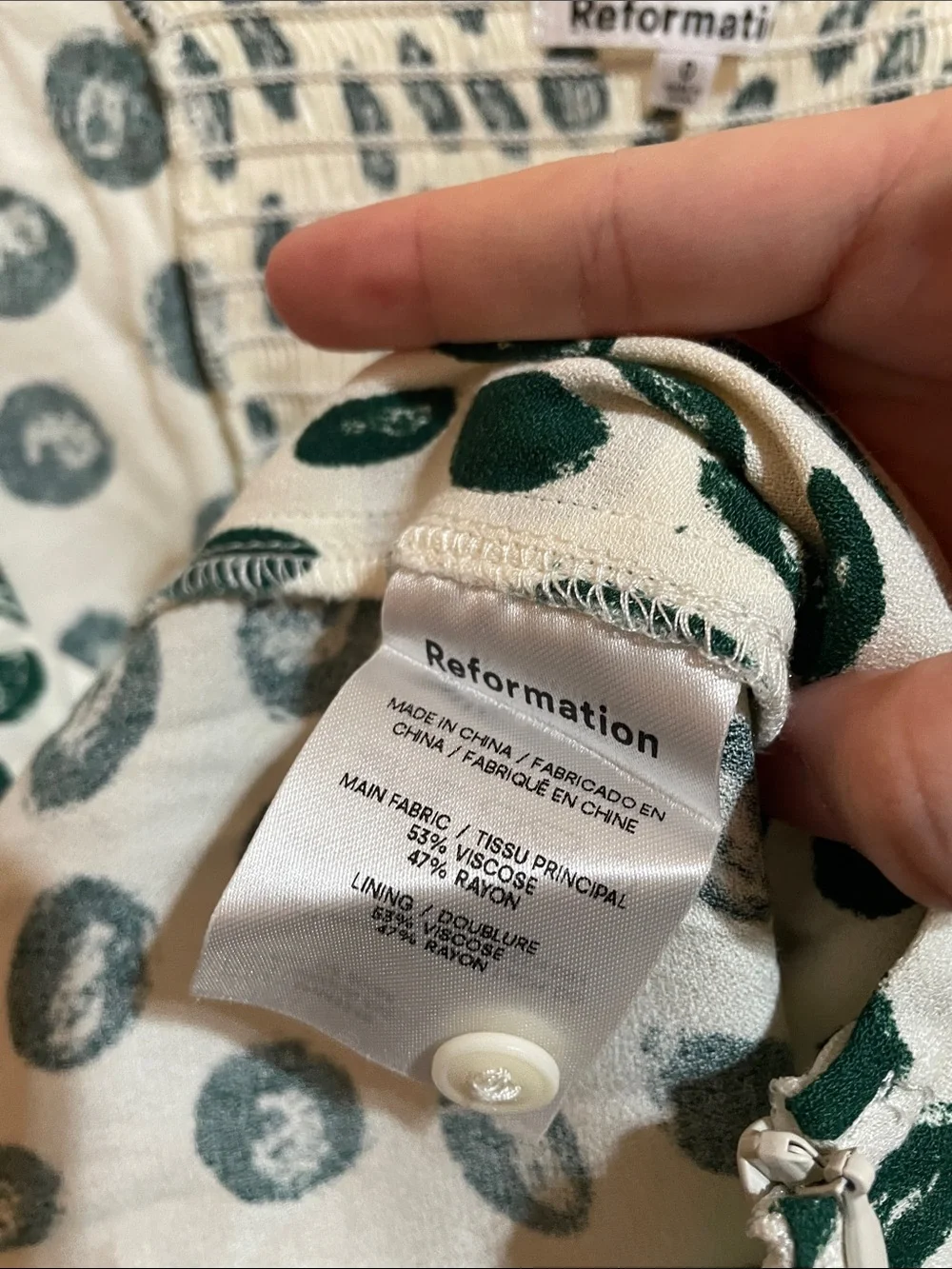 Reformation Cream Blouse with Green Polka Dots
